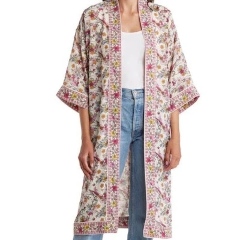 Max Studio Floral Bird Print Kimono Duster Cardigan XL Relaxed Cream Multi Slits